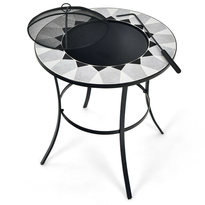 Costway - 23.5 Inches Round Fire Pit Table with Mesh Cover and Fire Poker