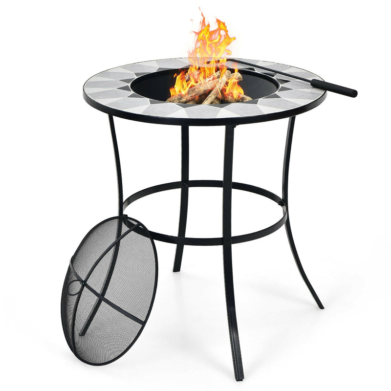 Costway - 23.5 Inches Round Fire Pit Table with Mesh Cover and Fire Poker