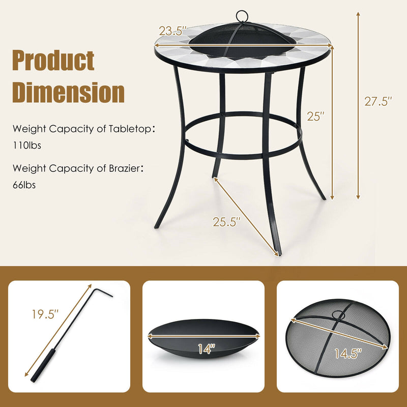 Costway - 23.5 Inches Round Fire Pit Table with Mesh Cover and Fire Poker