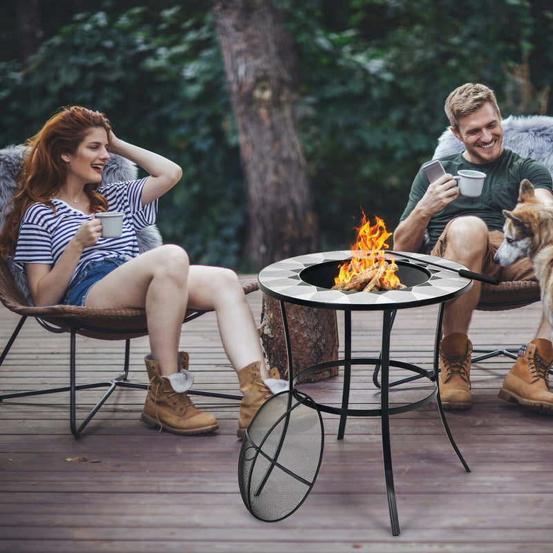 Costway - 23.5 Inches Round Fire Pit Table with Mesh Cover and Fire Poker