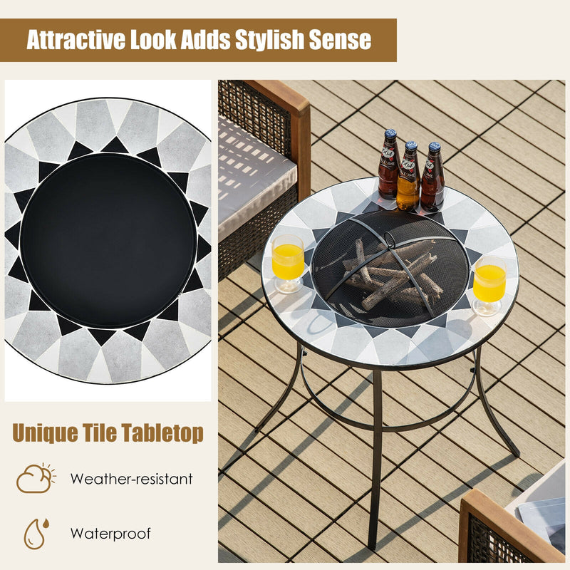 Costway - 23.5 Inches Round Fire Pit Table with Mesh Cover and Fire Poker