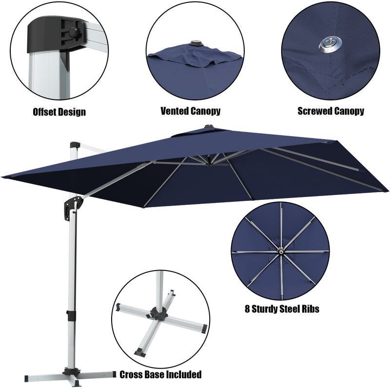 Costway - 10 Feet 360° Tilt Aluminum Square Patio Umbrella without Weight Base-Navy