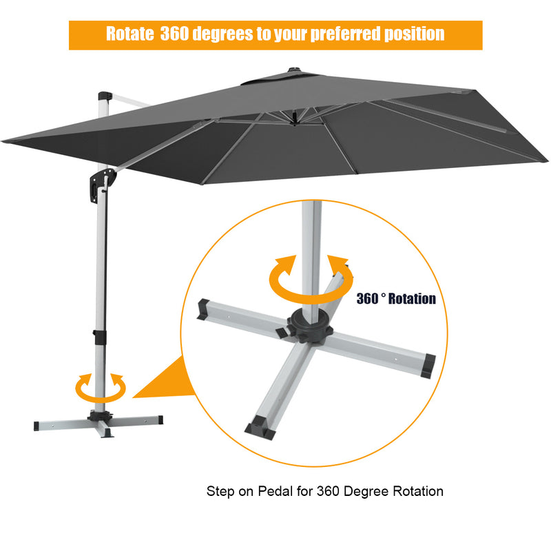 Costway - 10 Feet 360° Tilt Aluminum Square Patio Umbrella without Weight Base-Gray