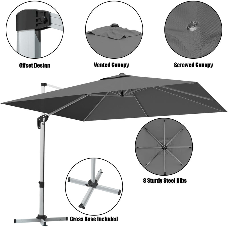 Costway - 10 Feet 360° Tilt Aluminum Square Patio Umbrella without Weight Base-Gray