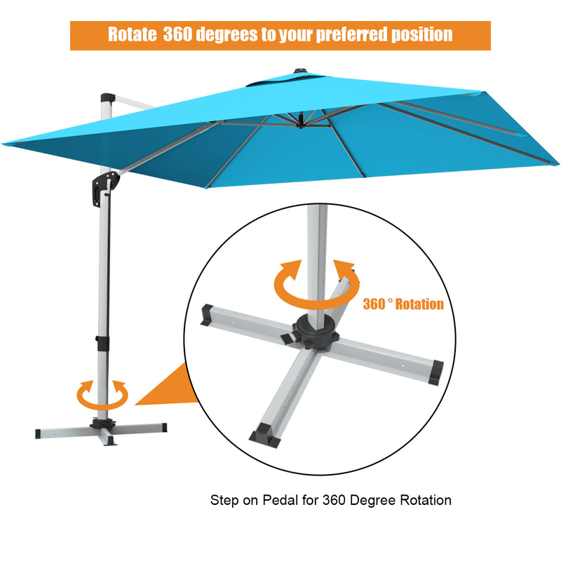 Costway - 10 ft 360 Degree Tilt Aluminum Square Patio Offset Cantilever Umbrella without Weight Base-Blue