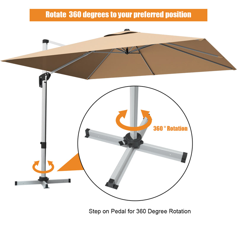Costway - 10 ft 360 Degree Tilt Aluminum Square Patio Offset Cantilever Umbrella without Weight Base-Beige