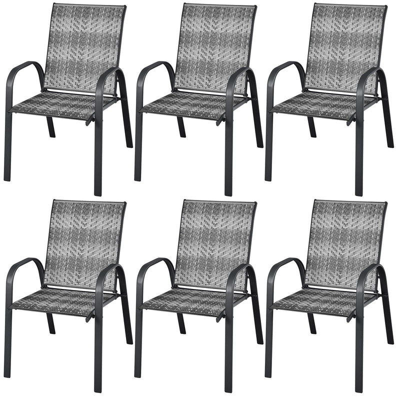 Costway - Set of 6 Outdoor PE Wicker Stackable Chairs with Sturdy Steel Frame-Gray
