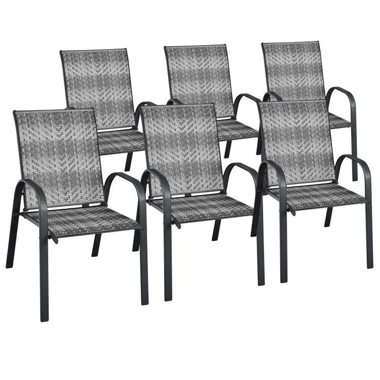 Costway - Set of 6 Outdoor PE Wicker Stackable Chairs with Sturdy Steel Frame-Gray