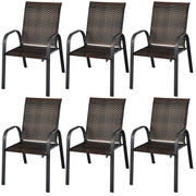 Costway - Set of 6 Outdoor PE Wicker Stackable Chairs with Sturdy Steel Frame-Brown