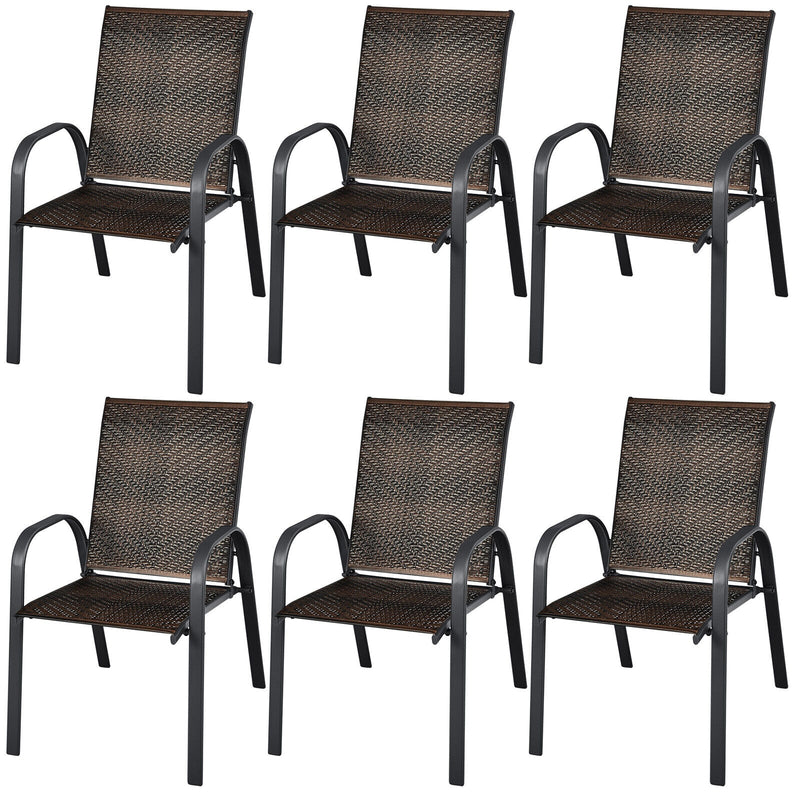 Costway - Set of 6 Outdoor PE Wicker Stackable Chairs with Sturdy Steel Frame-Brown