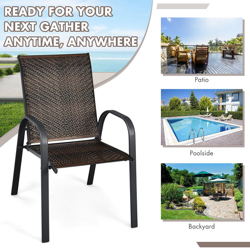 Costway - Set of 6 Outdoor PE Wicker Stackable Chairs with Sturdy Steel Frame-Brown