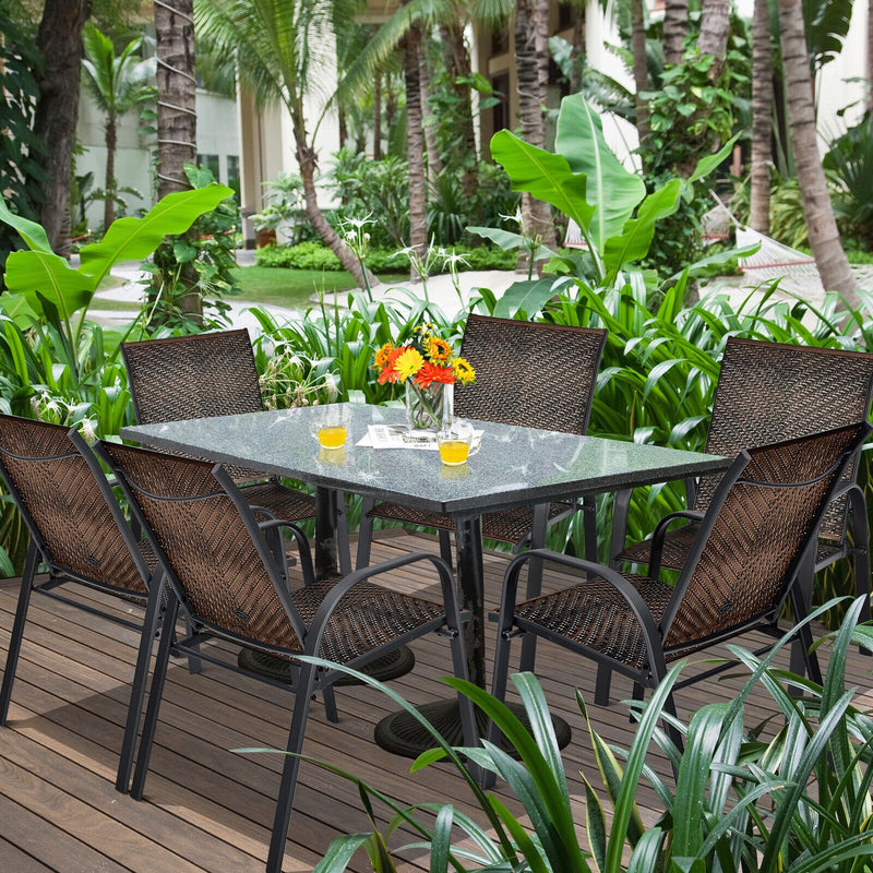 Costway - Set of 6 Outdoor PE Wicker Stackable Chairs with Sturdy Steel Frame-Brown
