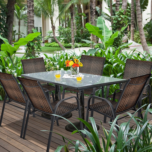 Costway - Set of 6 Outdoor PE Wicker Stackable Chairs with Sturdy Steel Frame-Brown