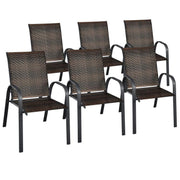 Costway - Set of 6 Outdoor PE Wicker Stackable Chairs with Sturdy Steel Frame-Brown