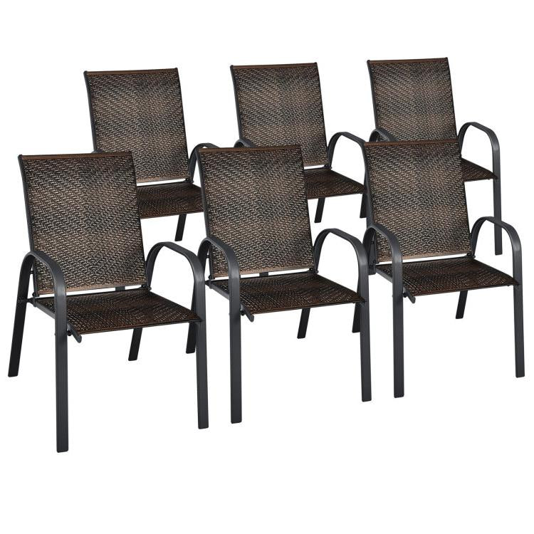 Costway - Set of 6 Outdoor PE Wicker Stackable Chairs with Sturdy Steel Frame-Brown