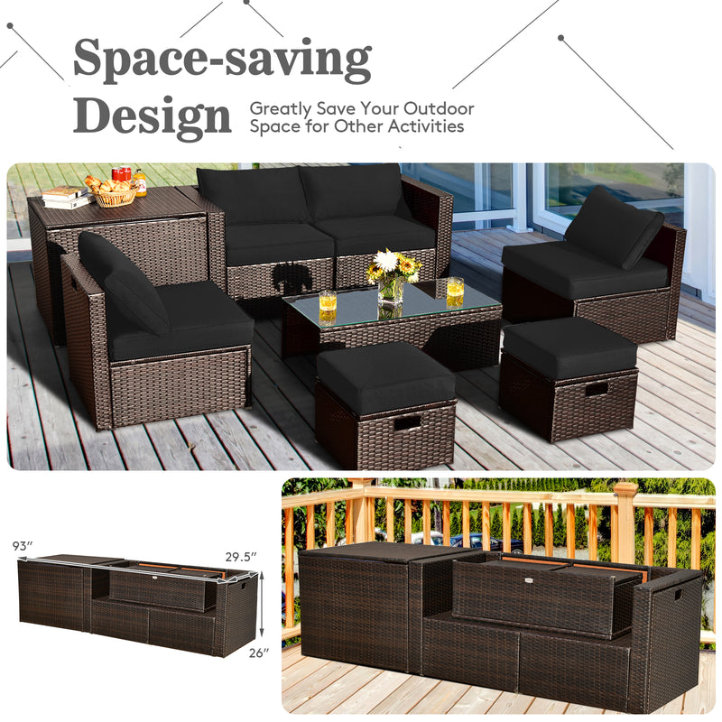 Costway - 8 Pieces Patio Space-Saving Rattan Furniture Set with Storage Box and Waterproof Cover-Black