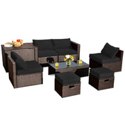 Costway - 8 Pieces Patio Space-Saving Rattan Furniture Set with Storage Box and Waterproof Cover-Black