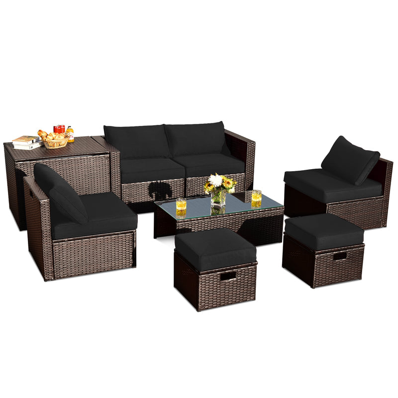Costway - 8 Pieces Patio Space-Saving Rattan Furniture Set with Storage Box and Waterproof Cover-Black