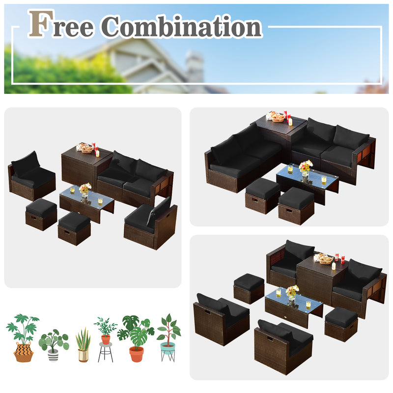 Costway - 8 Pieces Patio Space-Saving Rattan Furniture Set with Storage Box and Waterproof Cover-Black