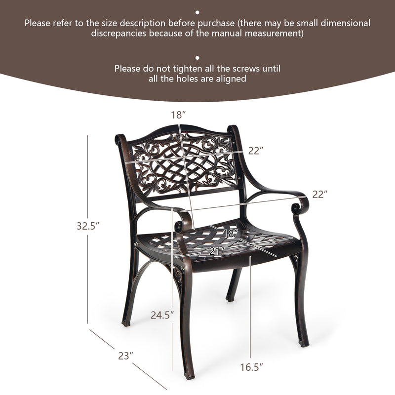 Costway - 2-Piece Outdoor Cast Aluminum Chairs with Armrests and Curved Seats-Copper