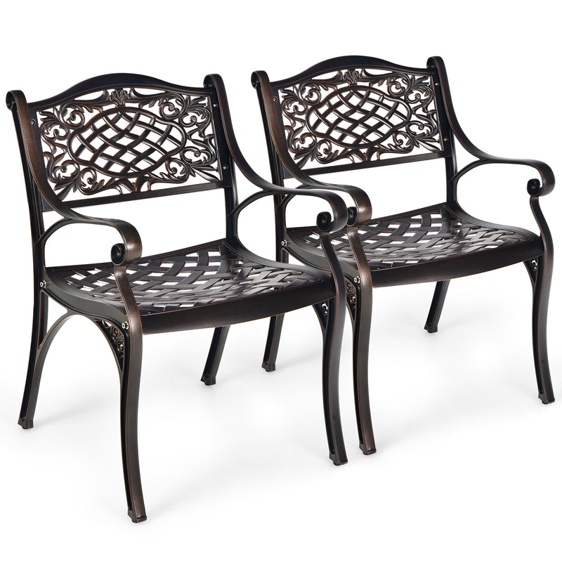 Costway - 2-Piece Outdoor Cast Aluminum Chairs with Armrests and Curved Seats-Copper