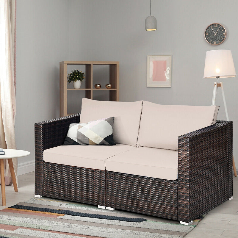 Costway - 2 Pieces Patio Rattan Sectional Conversation Sofa Set-Beige