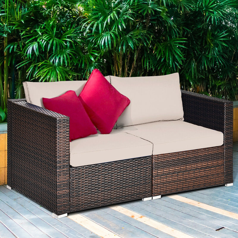 Costway - 2 Pieces Patio Rattan Sectional Conversation Sofa Set-Beige