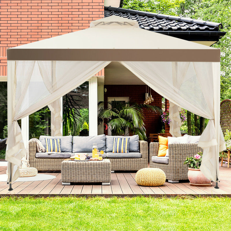 Costway - Canopy Gazebo Tent Shelter Garden Lawn Patio with Mosquito Netting-Beige