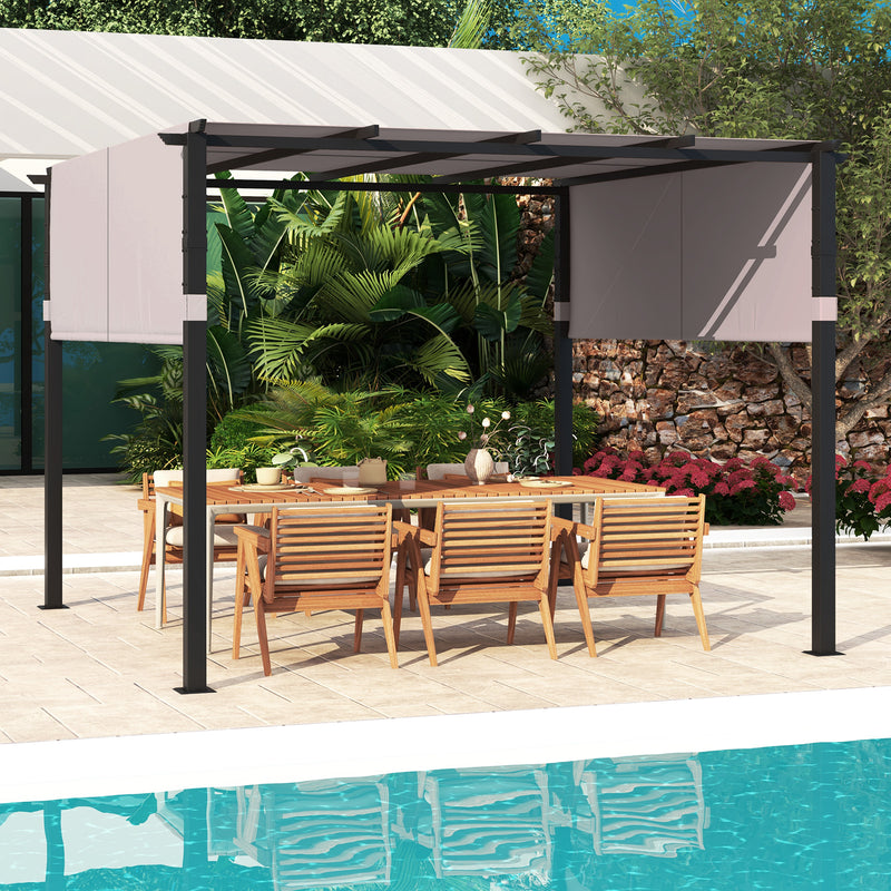 Costway - 10 x 10 ft Flat Top Pergola with Retractable Canopy for Garden Pool Porch and Backyard-Gray
