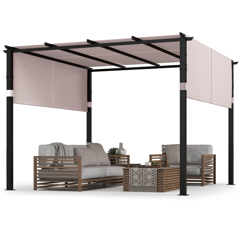 Costway - 10 x 10 ft Flat Top Pergola with Retractable Canopy for Garden Pool Porch and Backyard-Gray