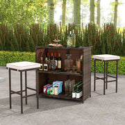Costway - 3 Pcs Patio Bar Set with Tempered Glass Tabletop-Brown