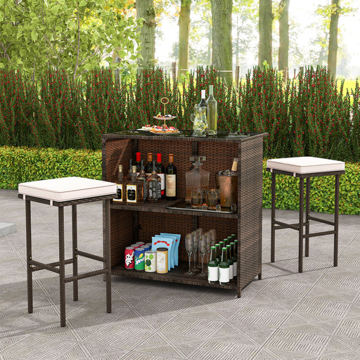 Costway - 3 Pcs Patio Bar Set with Tempered Glass Tabletop-Brown