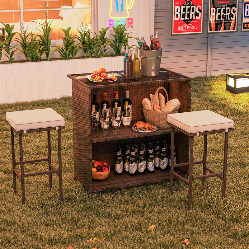 Costway - 3 Pcs Patio Bar Set with Tempered Glass Tabletop-Brown