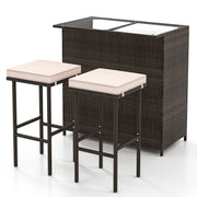 Costway - 3 Pcs Patio Bar Set with Tempered Glass Tabletop-Brown