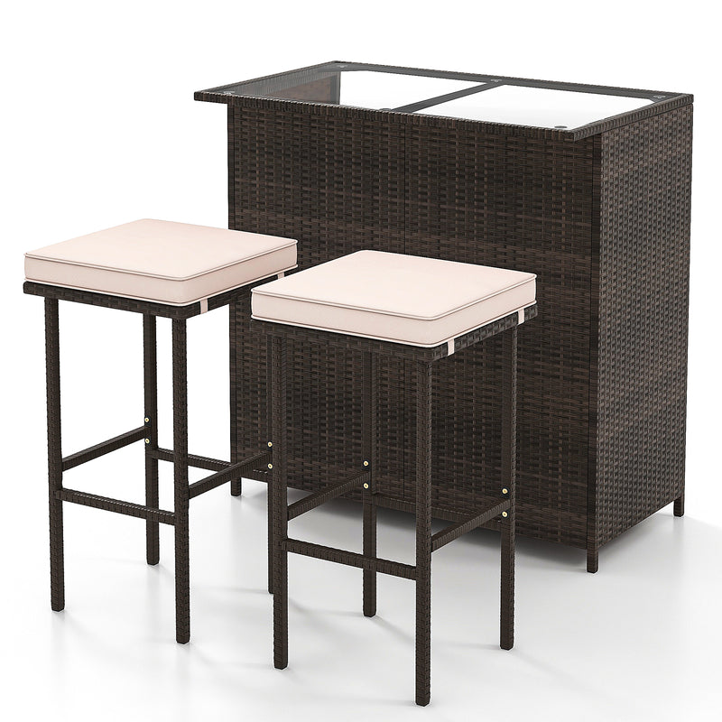 Costway - 3 Pcs Patio Bar Set with Tempered Glass Tabletop-Brown
