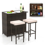 Costway - 3 Pcs Patio Bar Set with Tempered Glass Tabletop-Brown