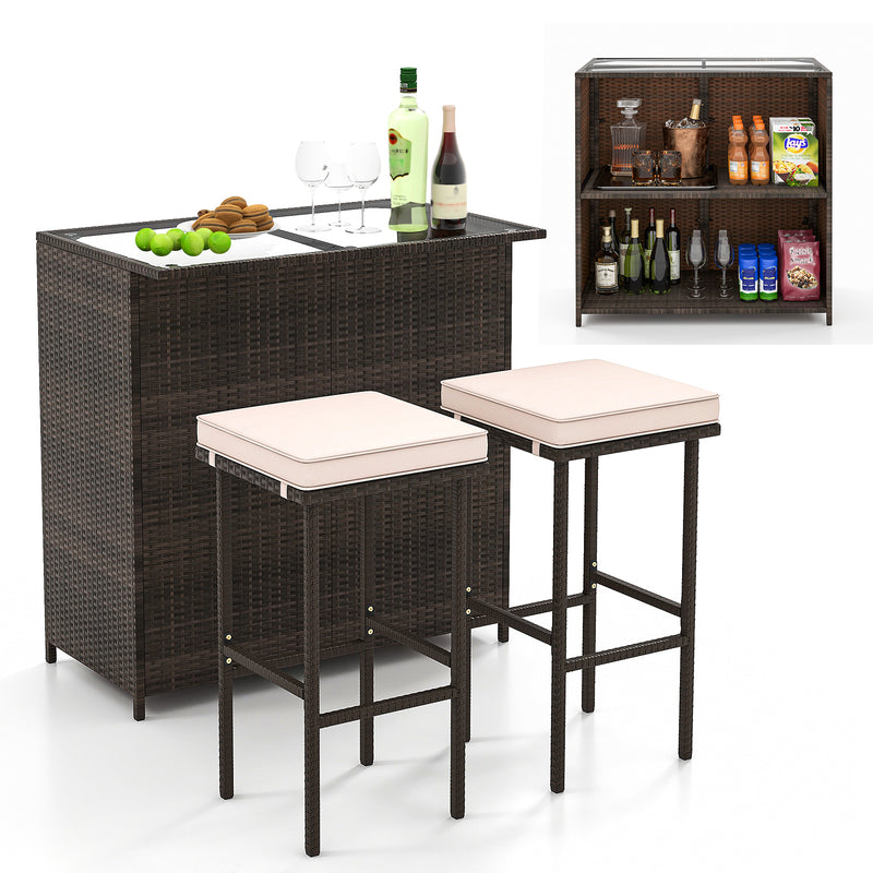 Costway - 3 Pcs Patio Bar Set with Tempered Glass Tabletop-Brown