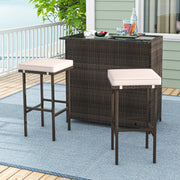 Costway - 3 Pcs Patio Bar Set with Tempered Glass Tabletop-Brown