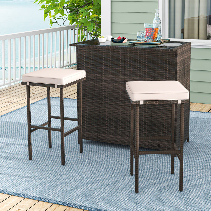 Costway - 3 Pcs Patio Bar Set with Tempered Glass Tabletop-Brown