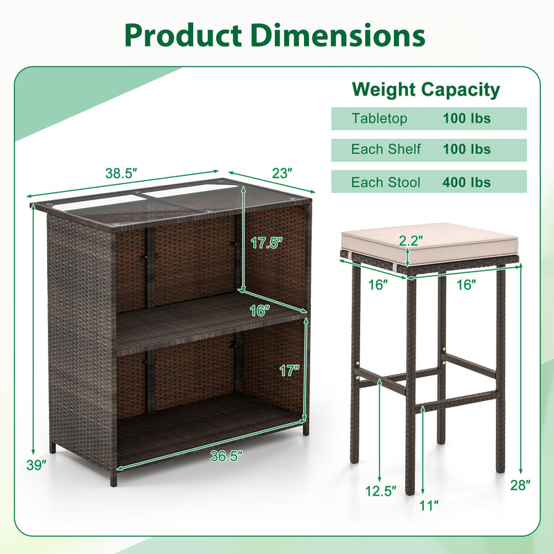 Costway - 3 Pcs Patio Bar Set with Tempered Glass Tabletop-Brown