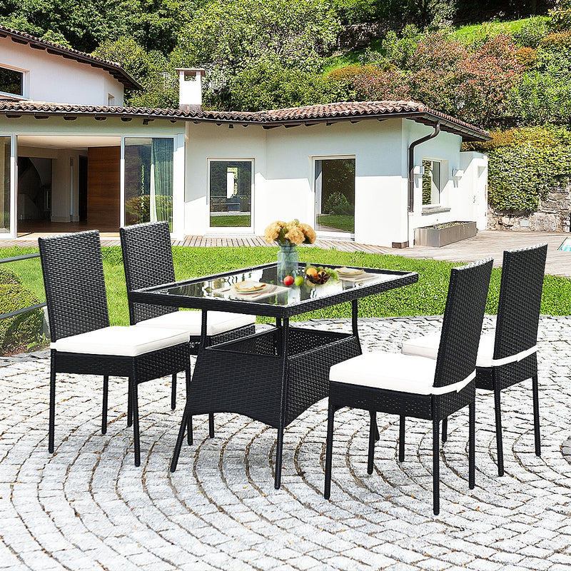 Costway - 5 Pieces Outdaoor Patio Rattan Dining Set with Glass Top with Cushions