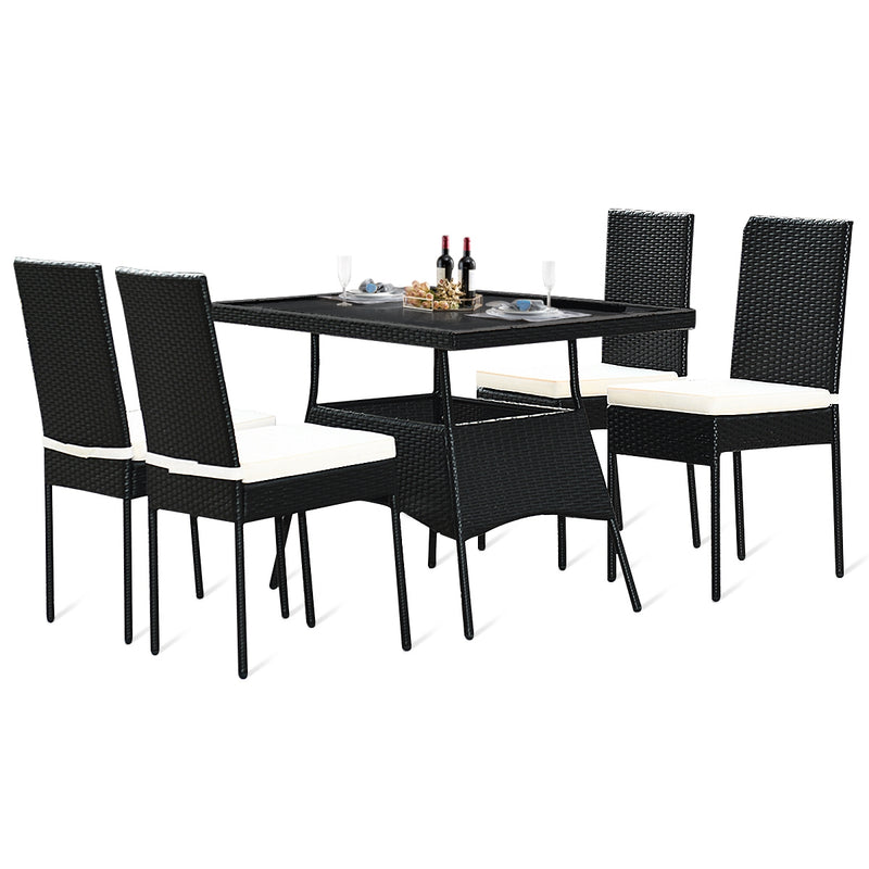 Costway - 5 Pieces Outdaoor Patio Rattan Dining Set with Glass Top with Cushions