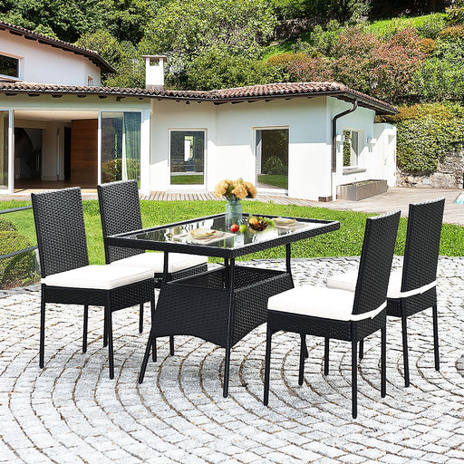 Costway - 5 Pieces Outdaoor Patio Rattan Dining Set with Glass Top with Cushions