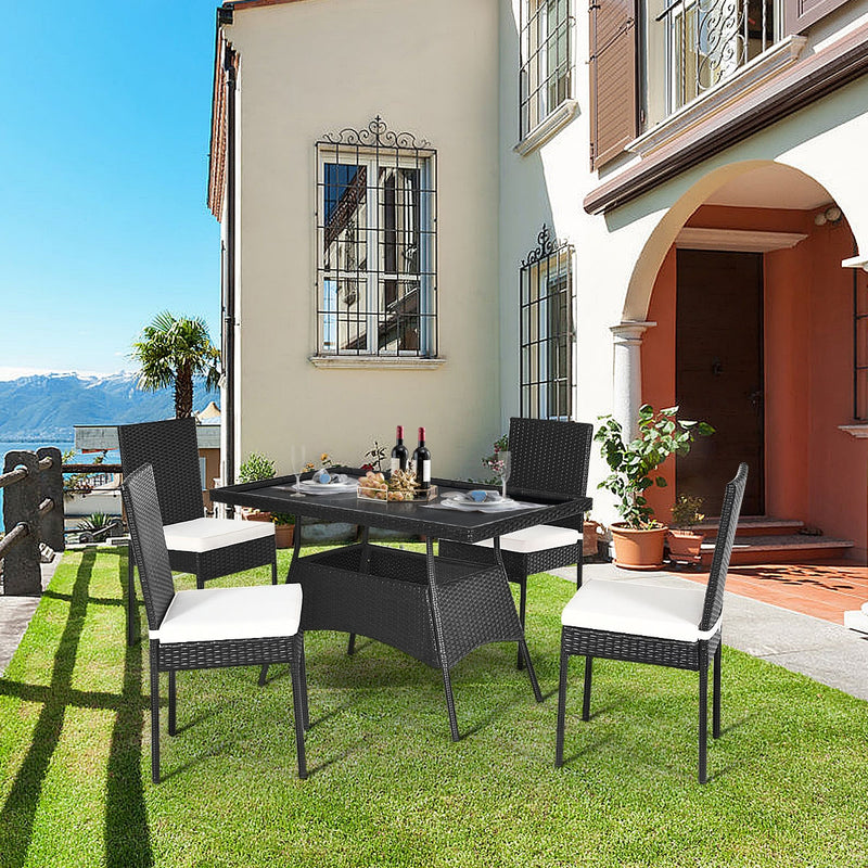 Costway - 5 Pieces Outdaoor Patio Rattan Dining Set with Glass Top with Cushions