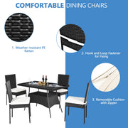 Costway - 5 Pieces Outdaoor Patio Rattan Dining Set with Glass Top with Cushions