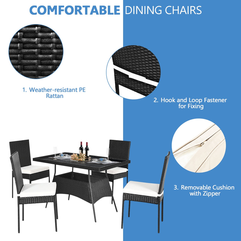 Costway - 5 Pieces Outdaoor Patio Rattan Dining Set with Glass Top with Cushions