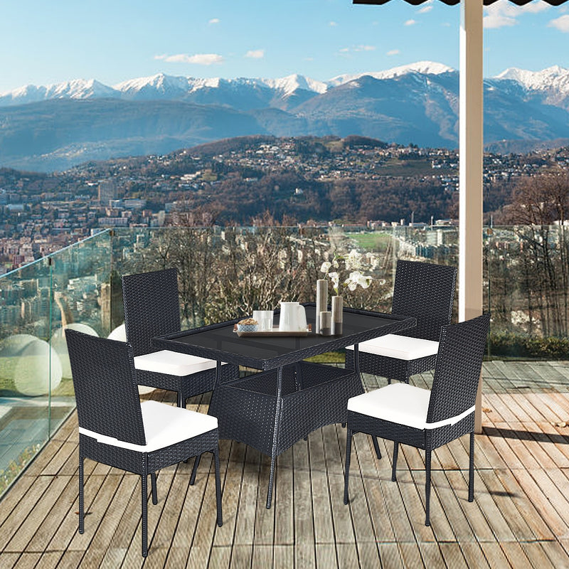 Costway - 5 Pieces Outdaoor Patio Rattan Dining Set with Glass Top with Cushions