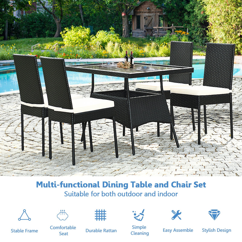 Costway - 5 Pieces Outdaoor Patio Rattan Dining Set with Glass Top with Cushions