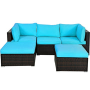 Costway - 5 Pieces Patio Rattan Sectional Conversation Ottoman Furniture Set-Blue