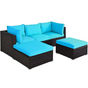 Costway - 5 Pieces Patio Rattan Sectional Conversation Ottoman Furniture Set-Blue